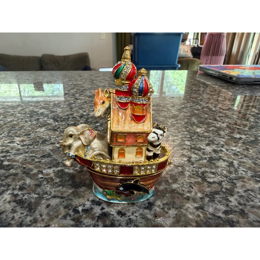 Kingspoint Designs Bejeweled Noah's Ark Pewter Enamel Trinket Box Crystals 3.5"